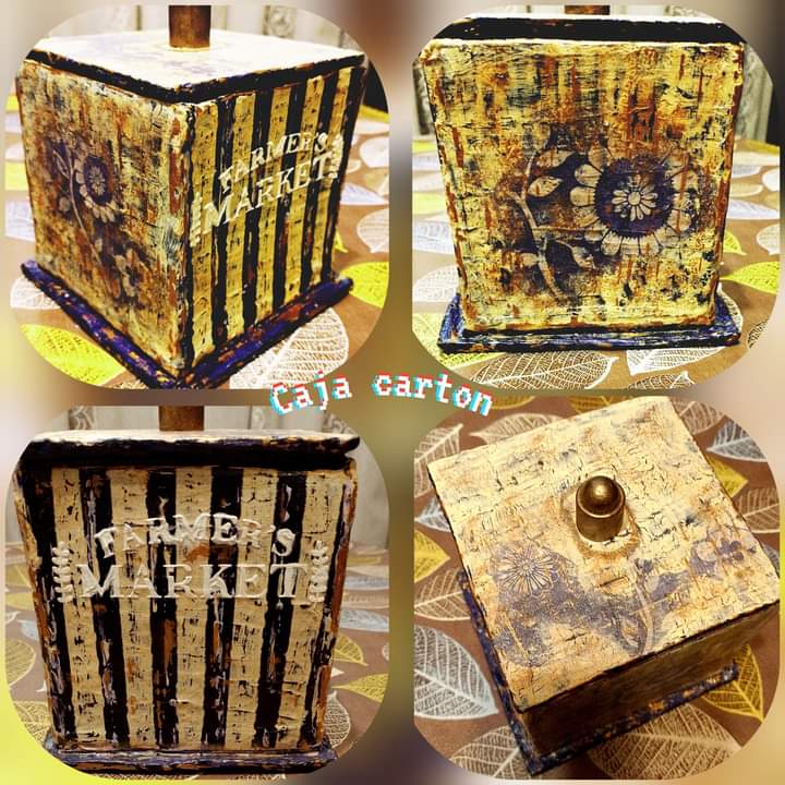 Caja de cartón con enduido, gesso, decoupage y apliques
